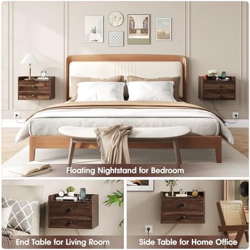 Floating Nightstand Set of 2 with 2 Storage Drawers and Charging Station