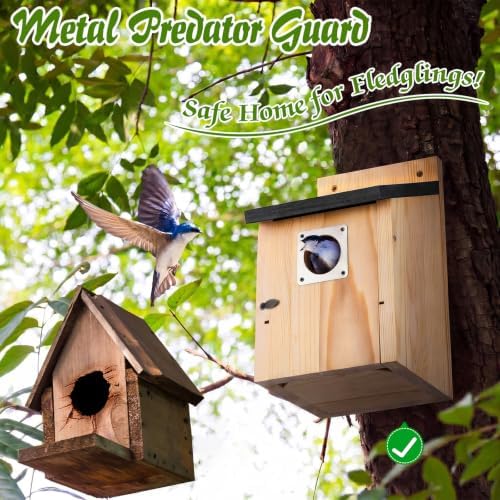 Dreyoo 4 Pack Bluebird Houses for Outside with Metal Predator Guard, 1-1/2" Entrance Hole Wooden Blue Bird Houses for Outdoors, Bluebird Nesting Box(Black Roof, Wood Body)