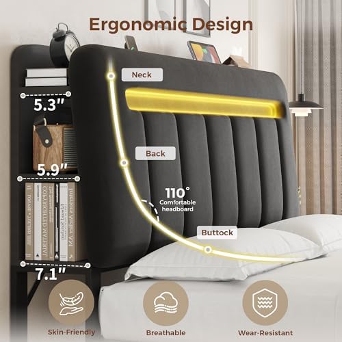 Jocoevol Full Size Bed Frame with Storage Headboard,Upholstered Black Bed Frame Full with Storage Drawers and Charging Station,Velvet Platform Metal Bed, Noise-Free, No Box Spring Needed