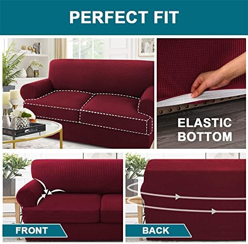 Turquoize 3 Piece T Cushion Sofa Slipcovers Stretch Couch Cover Furniture Covers with 2 Individual T Cushion Covers, Machine Washable (2 Cushion Sofa, Burgundy)