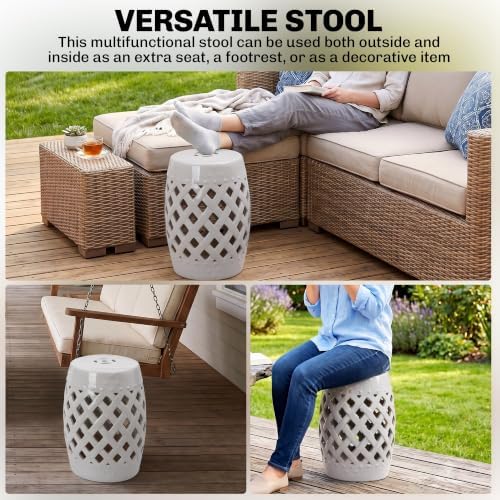 Outsunny 12.5" x 18" Ceramic Garden Stool Outdoor Stool Woven Lattice White