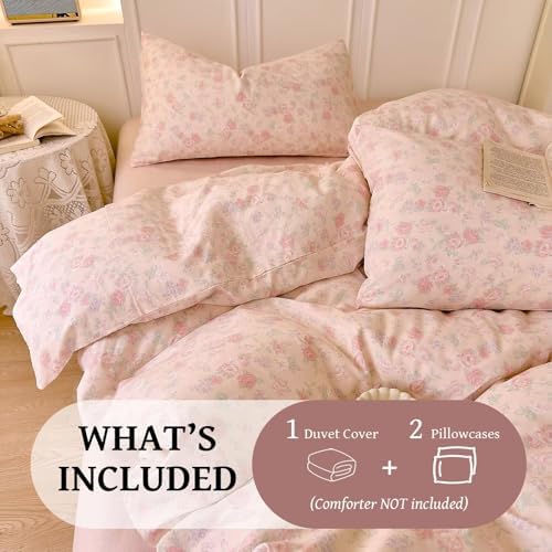 100% Cotton Muslin Duvet Covers Queen Size Pink Floral Soft Breathable Bedding Set with Zipper,3 Pcs Romantic Aesthetic Comforter Covers 90"X90",1 Duvet Cover and 2 Pillowcases