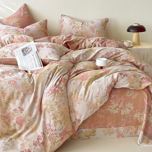 HighBuy Luxury Muslin Duvet Cover King with Pink Floral,Soft Muslin Cotton Floral Bedding Set for Women,Chic Farmhouse Gauze Textured Comforter Cover Set,1 Duvet Cover and 2 Pillowcase