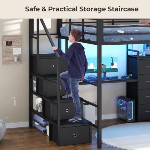 Full Size Loft Bed with Desk, Storage Stairs, LED Lights, Black