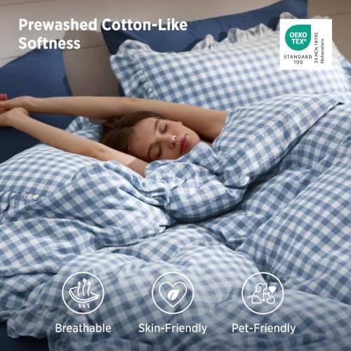 Bedsure Gingham Ruffle Duvet Cover Set, Queen Cotton-Like Quilt Cover, Blue