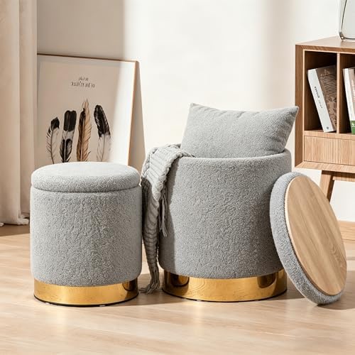 YYW HOME Round Ottoman with Storage Set of 2 Gray Sherpa Vanity Stool