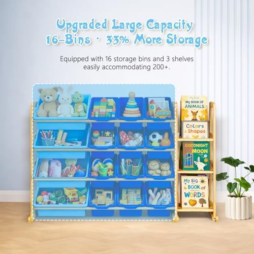 Kids Toy Storage Organizer with Bookshelf – Wooden Shelf with 16 Bins & 3 Shelves, Quick Assembly Storage Rack for Playroom, Bedroom, Nursery - Blue