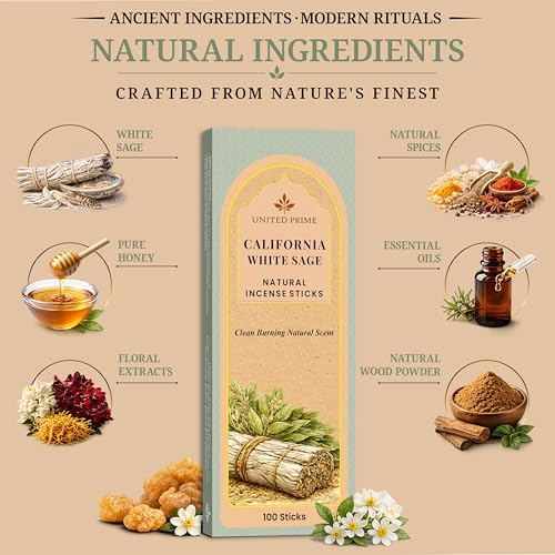 California White Sage Incense Sticks for Cleansing, 100 Sticks, Organic Insence Non Toxic, No Charcoal Clean Burning, Handmade from Upcycled Flowers, Positive Vibes Inscent Calming Aroma
