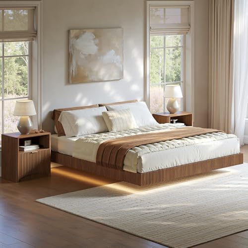 Evermagin King Bedroom Set, Fluted Floating Bed Frame & Nightstands, Walnut