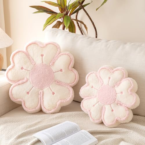 Flower Shaped Decorative Throw Pillow Cushion for Bed Couch, Cute Flower Plush Throw Pillows Home Decor Floor Pillow Seating Cushions (Beige, 13.7 Inches)
