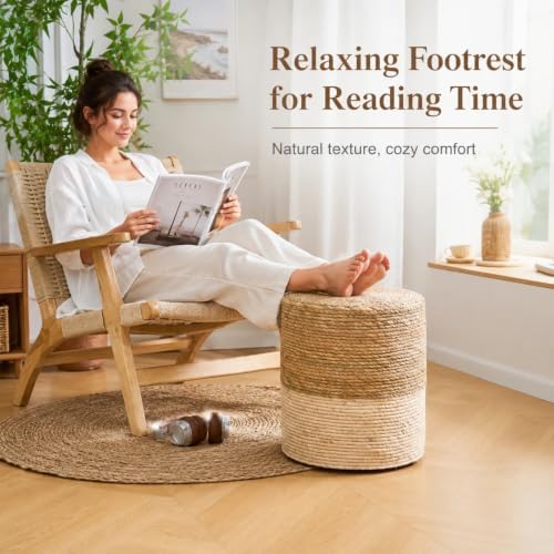 14" Boho Pouf Patio Ottomans Natural Straw Handweave Rustic Round Footstool