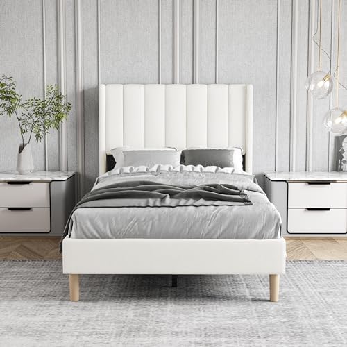 Twin Size Bed Frame with Velvet Upholstered Headboard, Beige