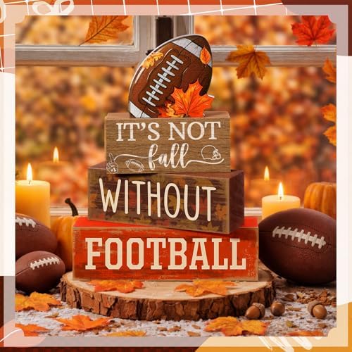 Yuntau 4 Pcs Fall Football Decor Rustic Wooden Blocks Table Centerpiece