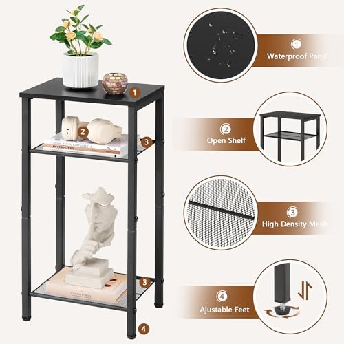 Hoctieon 2-Set 3 Tier End Table, Telephone Table Set of 2, Tall Side Table with Storage Set of 2, Small Nightstand for Small Spaces, Metal Frame, for Living Room, Bedroom, Sofa Couch, Black