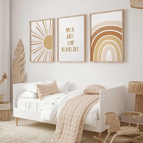 Baccone Boho Nursery Wall Art Baby Girl Wall Decor Kids Rainbow Canvas Wall Art You Are My Sunshine Pictures Toddler Sun Prints Nursery Artwork for Room Bedroom Set of 3 16x24 Inch Unframed