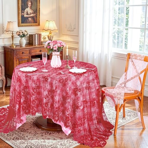 Red Lace Tablecloth 60x120 Inch Rectangular Embroidered Floral Table Cover