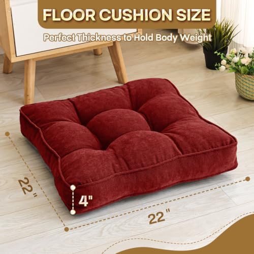 MIDDLE ONE Floor Pillow Set of 2, Memory Foam Cushion 22x22 – Square, Red