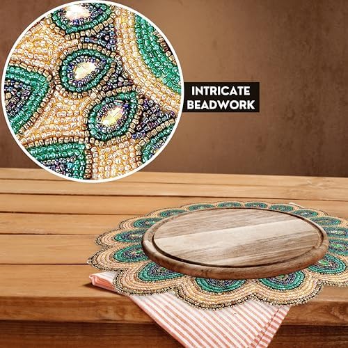 CLEENTABLE Round Beaded Placemat, 13in Glass Bead Table Mat, Green Gold