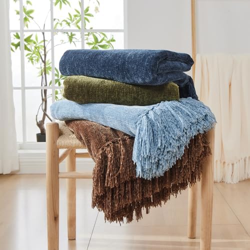 CozeCube Chenille Throw Blanket, Harvest Gold Fringe Blanket, 60"X80"