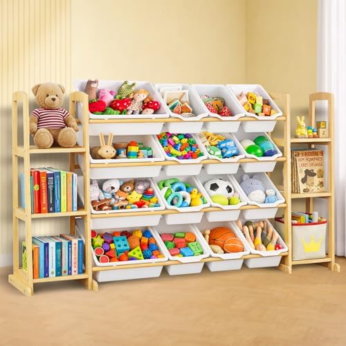 Kids Toy Storage Organizer with Bookshelf – Wooden Shelf with 16 Bins & 6 Shelves, Quick Assembly Storage Rack for Playroom, Bedroom, Nursery - White
