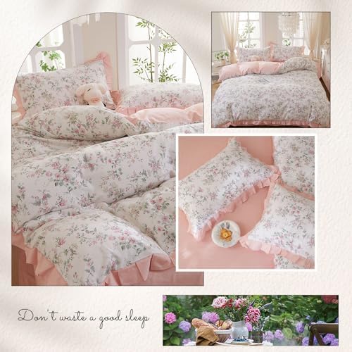Pink Floral Duvet Cover Set 100% Cotton Twin(68"x86"),Ruffled Rose