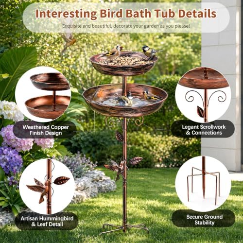 2-in-1 Tall Bird Bath and Feeder for Outdoors, Adjustable Metal Standing Bird Feeder with 5-Prong Base, Antique Copper Finish Rust Proof Water Bowl & Seed Tray Station for Garden Yard Patio Decor