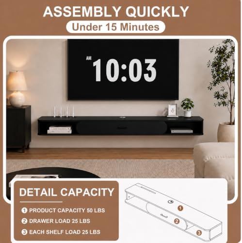 GHC Floating TV Stand, 75'' Wall Mounted TV Cabinet, Floating Shelves with Door, Media Console for DVD Player, Space-Saving Under TV Shelf for Bedroom & Living Room (Black)