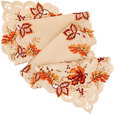 Embroidered Fall Table Runner 15x67In, Maple Leaf Thanksgiving Table Runner