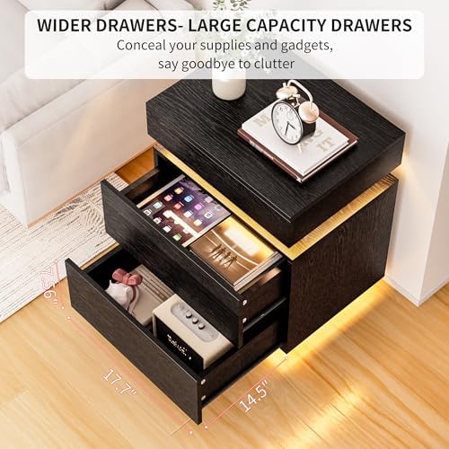 COWMOU LED Night Stand with Charging Station, Sliding Top Hide Storage, 2 Outlets and USB-A/C Ports Bed Side Tables Bedroom Set Black End Table for Living Room