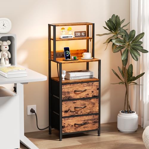 Furnulem Night Stand with Charging Station, Tall Nightstand, LED Lights