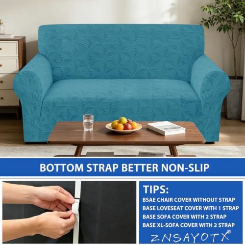 ZNSAYOTX Stretch Couch Cover, 1 Piece Sofa Covers for 2 Cushion Couch, Jacquard Loveseat Slipcovers with Elastic Bottom Thickened Furniture Protector for Dog Cat Pet (Medium, Peacock Blue)
