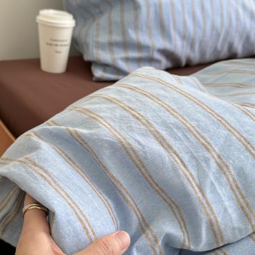 AOJIM Sky‑Blue & Warm‑Taupe Striped Duvet Cover Twin XL 3Pcs Retro Bedding