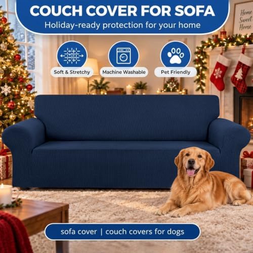 KEKUOU Stretch Couch Covers for Sofa, 3 Cushion Couch Slipcover,Navy Blue