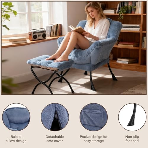 Welnow Lazy Chair with Ottoman,Reading Chair with Footrest,Light Blue