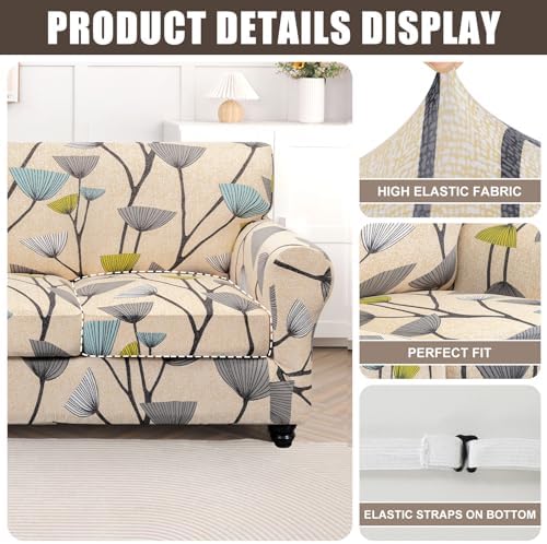 SearchI Stretch Sofa Cover Printed Couch Cover, Floral Pattern 4 Pieces Sofa Slipcover with 3 Separate Cushion Cover, Washable Furniture Protector for Living Room(Sofa, Dandelion Pattern)