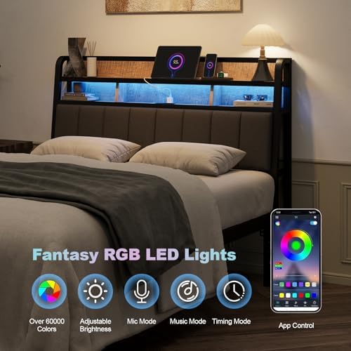 Full Headboard Only with Storage, Charging Station, Black & Brown
