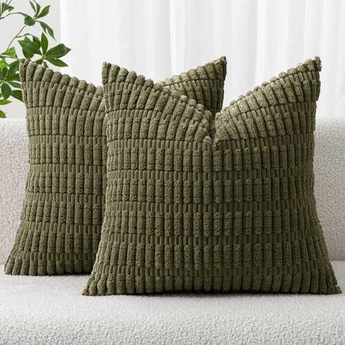MIULEE Corduroy Decorative Throw Pillow Covers 18x18 Olive Green Pack of 2