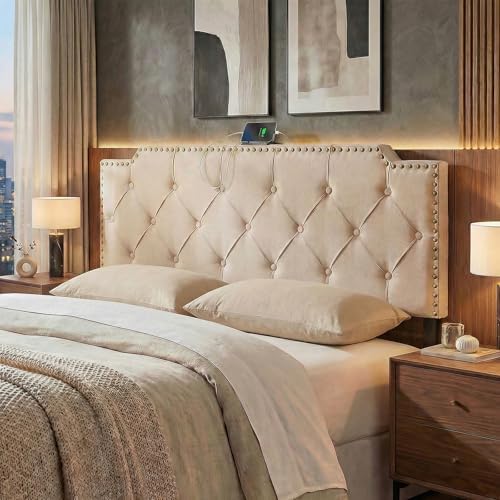 GIANTEX Headboard with Charging Station, Queen/Full Size Rivet Tufted Upholstered Head Board w/2 AC Outlets, USB & Type-C Ports, Rubber Wood Legs, Width Adjustable Modern Bed Headboard Only (Beige)