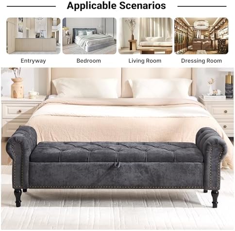 Storage Bed Bench for Bedroom, Chenille 67" End of Bed King Size Benches with Armrest, Tufted Button Upholstered Ottoman Bench for Living Room, Entryway, Charcoal Grey