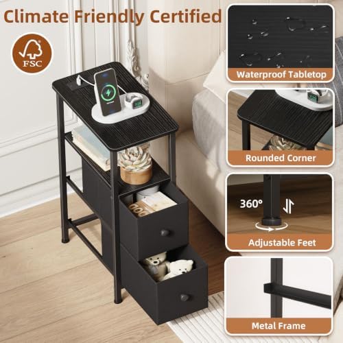 Somdot Narrow End Table Set of 2, Charging Station, Side Table, 2 Drawers
