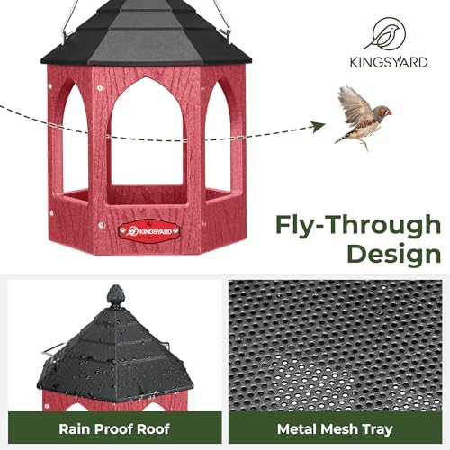 Kingsyard Platform Bird Feeder for Outdoor Hanging - Gazebo Style Recycled Plastic Wild Bird Feeding Station with Rain-Proof Roof & Metal Mesh Tray. Red