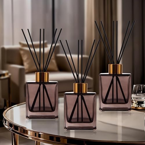 6 Pack Perfume Reed Diffuser Bottle,Empty Square Essential Oil Bottles Glass Jar with Black Sticks for DIY Fragrance Replacement Diffuser Sets (200ml/6.8 oz, Brown Color)