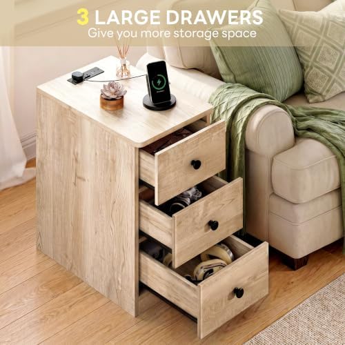 LIKIMIO Nightstand with Charging Station, 3 Drawers Modern for Bedroom