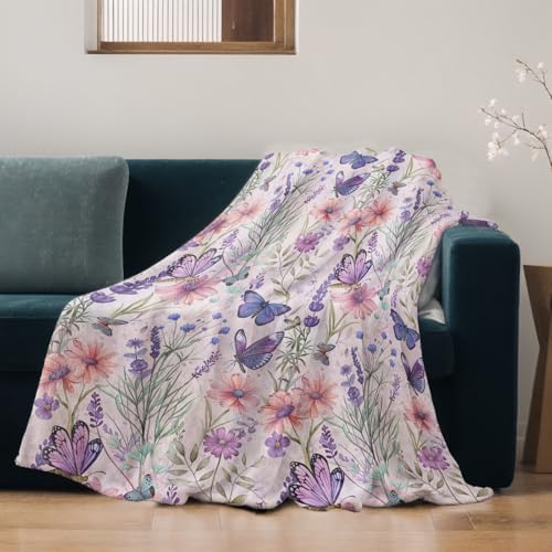 Butterfly Blanket Lightweight Blankets Gifts for Women Flannel Throw with Colorful Floral and Purple Butterflies Printed for Sofa, Bed, Travel, Camping, Office, Rustic Decor Throws 50x40 Inch