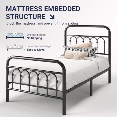 Allewie Twin Size Metal Platform Bed Frame with Headboard, Black