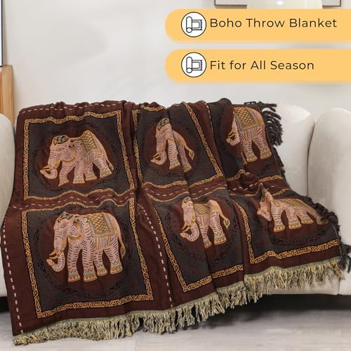 Elephant Pattern Cotton Boho Throw Blanket for Bed with Tassels 80"×90"