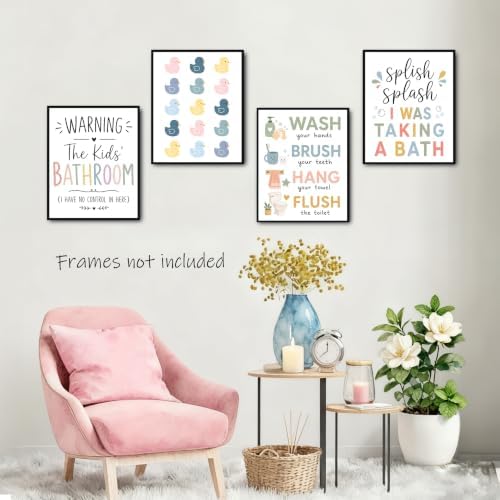 Noaleviax Boho Kids Bathroom Posters - Cute Rainbow Boho Duck Wall Art Pictures for Toddler Baby Kids Bathroom Wall Decor, 8x10 Unframed, Set of 4