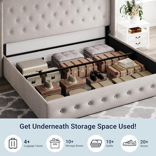 Allewie King Size Lift Up Storage Button-Tufted Bed Frame Light Beige