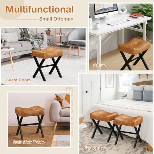 Memobarco 18-Inch Leather Vanity Stool Chair, Brown Saddle Vanity Stool