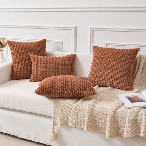 Kevin Textile Soft Corduroy 24x24 Inch Pillow Covers 2 Pack, Burnt Orange